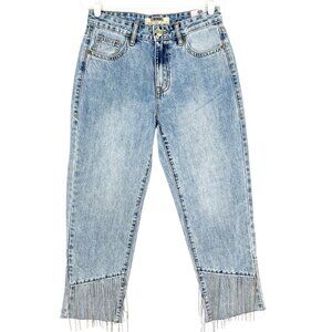 NWT Rock & Roll Women High Rise Straight Crop Jeans 27x25 With Chain Fringe Hem